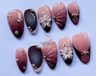 Ombre Press On Nails, 3D Flower Nails, Burgundy Pink Nails, Elegant Floral Nails, Handmade False Nails, Autumn Fake Nail Set, Gift for Her.