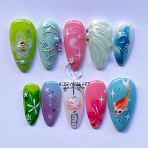 Hand-painted Orange Fish Press On Nails, Cat and Fish Theme Nail Set, Summer Nail, Artistic Nail Design, Cartoon Nail, Custom Fantasy Nails