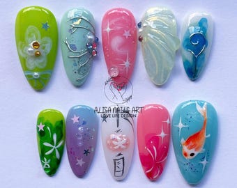 Hand-painted Orange Fish Press On Nails, Cat and Fish Theme Nail Set, Summer Nail, Artistic Nail Design, Cartoon Nail, Custom Fantasy Nails