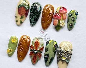 Cottagecore Mushroom Press On Nails, 3D Forest Fairycore Nail Art, Unique Handmade Bug & Botanical Nails, Custom Nature Nail Set