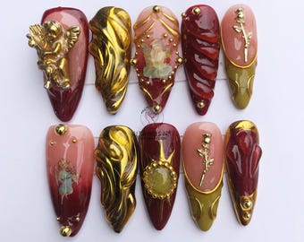 Golden Claret Angel Nails Long Stiletto Press On Nail, Custom Design Nail Art, Fake Nail for Birthday, Holiday Nail, Hand made Press on Nail