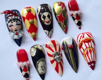 Unhas postiças de palhaço de circo: arte de unhas de carnaval 3D com efeito arlequim, conjunto de unhas de Halloween, unhas de fantasia feitas à mão para festas, cosplay e presentes exclusivos