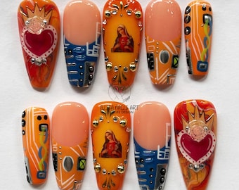 Hand Painted Press On Nails, Sacred Heart & Virgin Mary Nail Art, Religious Pop Art Fake Nails, Custom Reusable Nail Set, Catholic Nail Art.