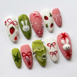 3D Miffy & Strawberry Press-On Nails, Hand-painted Bunny Nail Art, Cute Girly Nails, Pretty Almond Nail Set, Cartoon Nails, 3D Kawaii Nails.