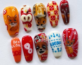 Storybook Fox Press On Nails, Hand-Painted Cartoon Art, Juice, Apple Designs, Red & Orange Vibe, Fantasy Nails, Reusable Cosplay Nail Set.