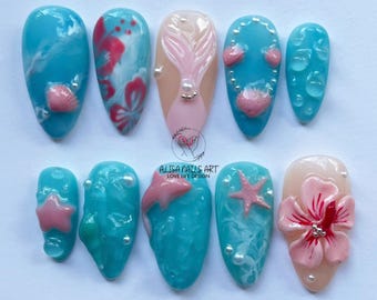 Under The Sea Press On Nails, Ocean-Inspired Nail Designs with Flower, Seashell, Starfish, Beach Nail, Handmade Nail Press On, Holiday Nails