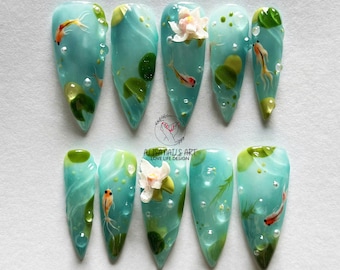 Lotus and Koi fish Press On Nails, Trendy Asian Nail Art Inspired, Blue Long Stiletto Nail Set, Tea Party Nails, Japanese Koi Nails, Gifts.
