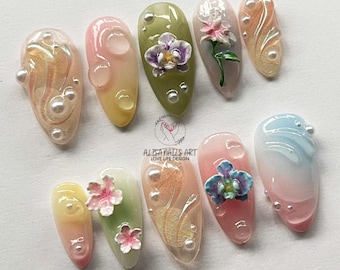 Lotus Pond Press On Nails, Fairytale Almond Nail Set, Artistic Nail Design, Spring Nails, Flower Nail, Limited Edition Tea Party Nails, Gift