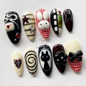 3D Miffy & Love Letter Press-On Nails, Pretty Almond Nail Set, Hand-painted Bunny Nail Art, Cute Girly Nails, Cartoon Nails, Valentine Nails