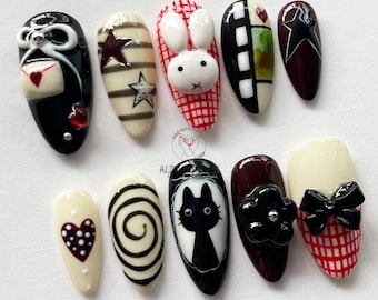3D Miffy & Love Letter Press-On Nails, Pretty Almond Nail Set, Hand-painted Bunny Nail Art, Cute Girly Nails, Cartoon Nails, Valentine Nails