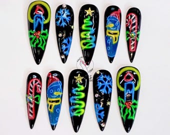 Custom Stiletto Christmas Nails, Blue Christmas Press On Nails, Handmade 3D Nail Set with Candle, Snowflake, Cute Olaf for Christmas Holiday