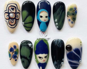 Yoshitomo Nara Almond Nail Set, Handmade Japanese Nails, Custom