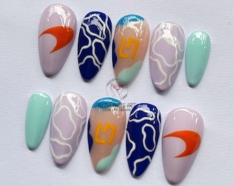F1 Inspired Press On Nails, Abstract Racing Nail Art, Blue Orange Almond Nails, Trendy Handmade Custom Nails for Formula Race Fans