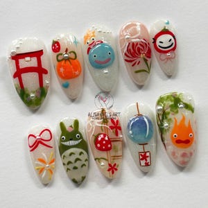 Hand-Painted Japanese-Inspired Press On Nails, Almond Anime Nail Set with Cute Totoro, Lanterns, Totoro Nails, Ghibli Nail Art, Kawaii Nails