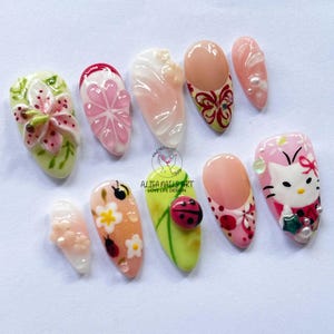 Handmade 3D Press On Nails: Floral Butterfly Kitty Kawaii Nail Art