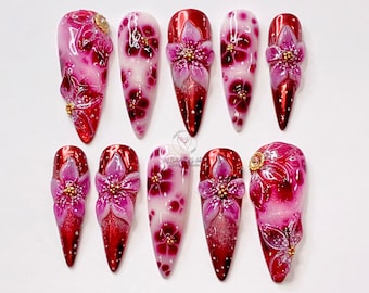 Hand-painted Red Flowers Press On Nails, Summer Colour 3D Floral Nail Art, Spring-Summer Nail Sets, 3D Gel Nails, Custom Elegant Fake Nails.