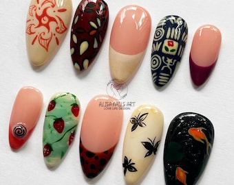 Colorful Hand Painted Press On Nails, Abstract, Floral & Geometric Nail Art, Unique Reusable Fake Nails Set, Party Nails, Handmade Gifts.
