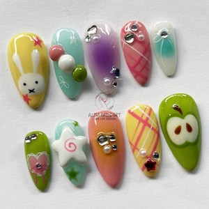 Cute Pastel Handmade Press On Nails with 3D Charms, Bunny, Fruit, Candy, Kawaii Lovers Nail Set, Sweet Nail Art, Summer Nails, Holiday Nails