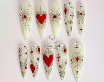 Enamórate de las uñas postizas con forma de corazón rojo en 3D para San Valentín, uñas largas con forma de aguja en gel en 3D, uñas personalizadas hechas a mano para San Valentín, uñas kawaii para fiestas