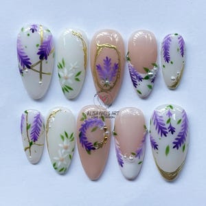 Hand-painted Dreamy Purple Press On Nails, Freestyle Fake Nail Set with French Tip, Spring Nail, Artistic Nail Design, Almond Nails, Gifts