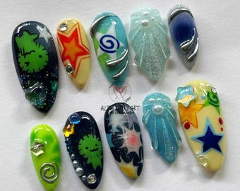 Handmade Galaxy Nail Art Set, Colorful Star & Planet Press On Nails with 3D Silver Swirls, Cute Alien Design, Cosmic Nail Tips, Cartoon Nail