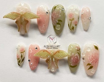 Butterfly & Flower Press On Nails, Fantasy Almond Nail Set, Handmade Floral Nail Art, Unique Whimsical 3D Fake Nails, Kawaii Nail, Nail Gift