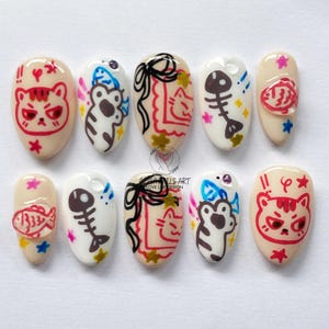 Hand-painted Lovely Cat Press On Nails, Cat and Fish Theme Nail Set, Summer Nail, Artistic Nail Design, Cartoon Nail, Custom Fantasy Nails