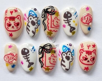 Hand-painted Lovely Cat Press On Nails, Cat and Fish Theme Nail Set, Summer Nail, Artistic Nail Design, Cartoon Nail, Custom Fantasy Nails