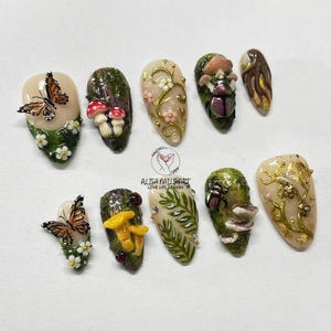 cottagecore nails, forest press ons, mushroom nails, butterfly nails, fairy press on nails, 3D press on nails, woodland nails, nature nail art, garden nails, handmade nails, statement nails, botanical nails, fantasy nails