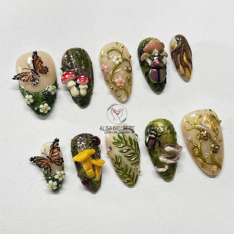 cottagecore nails, forest press ons, mushroom nails, butterfly nails, fairy press on nails, 3D press on nails, woodland nails, nature nail art, garden nails, handmade nails, statement nails, botanical nails, fantasy nails