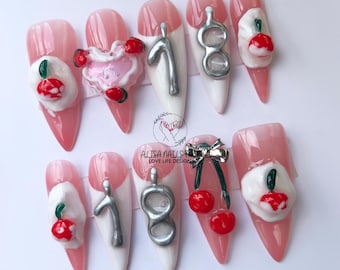 Custom Birthday Age Nails, Sweet Party Press On Nails, Cute Cakes Nail Art, Long-Lasting Vibrant Fake Acrylic Nails, Birthday, Party Nails.
