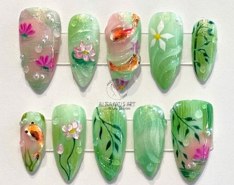 Lotus and Koi fish Press On Nails, Trendy Asian Nail Art Inspired, Japanese Koi Nails, Spring Nail, Green Stiletto Nail Set, Tea Party Nails