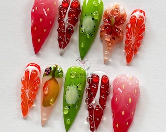 Unique Tropical Fruit Press On Nails, Long Stiletto Nail Set with 3D Flower, Fruit, Summer Nails, Party Nails, Perfect Gift for Fruit Lovers