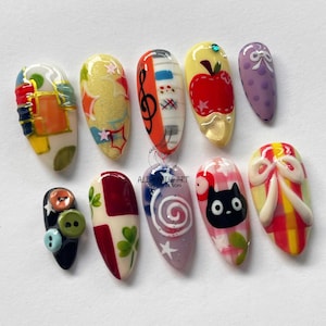Handmade Colorful Cartoon Press On Nails, Kawaii Music Art Cat Nail Set, Party Nails, Unique Playful Nail Art, Gift for Her, Cosplay Nails.