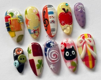 Handmade Colorful Cartoon Press On Nails, Kawaii Music Art Cat Nail Set, Party Nails, Unique Playful Nail Art, Gift for Her, Cosplay Nails.
