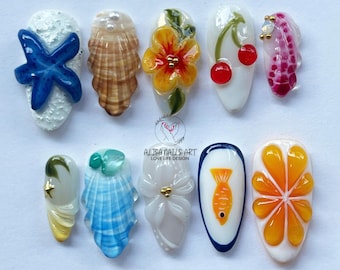 Handmade Summer Vibes Almond Press On Nails, 3D Jelly Ocean-Inspired Press On Nails, 3D Beach Theme with Seashells, Starfish, Flower Nails.