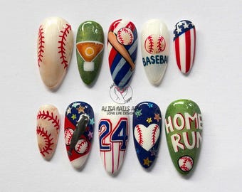 Custom Baseball Press On Nails, 3D Sport Design, Medium Almond Nails, USA Game Day Nails, Handmade Set, Nails With Designs, Fun Nail Art