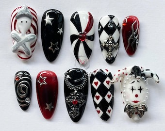 Whimsical Harlequin Clown Press On Nails, Bold Red & Black Almond Set, Unique Gothic Clown Art, Perfect for Cosplay, Prom, Gift for her.