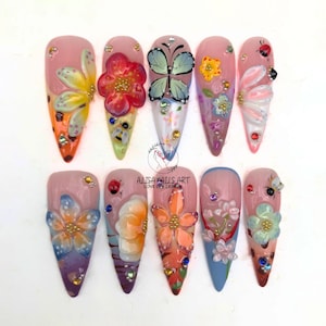 Fairy Garden Press On Nails, Glamour Long Stiletto Nail Set with 3D Flowers, Ladybug, Cheetah Print, French Tips Nail Art, Spring Nails.