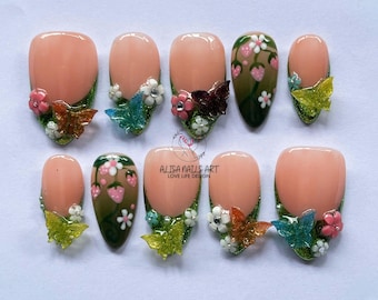Aardbei vlinder pers op nagels, 3D bloemen schattige kawaii amandel lente zomer handgemaakte set