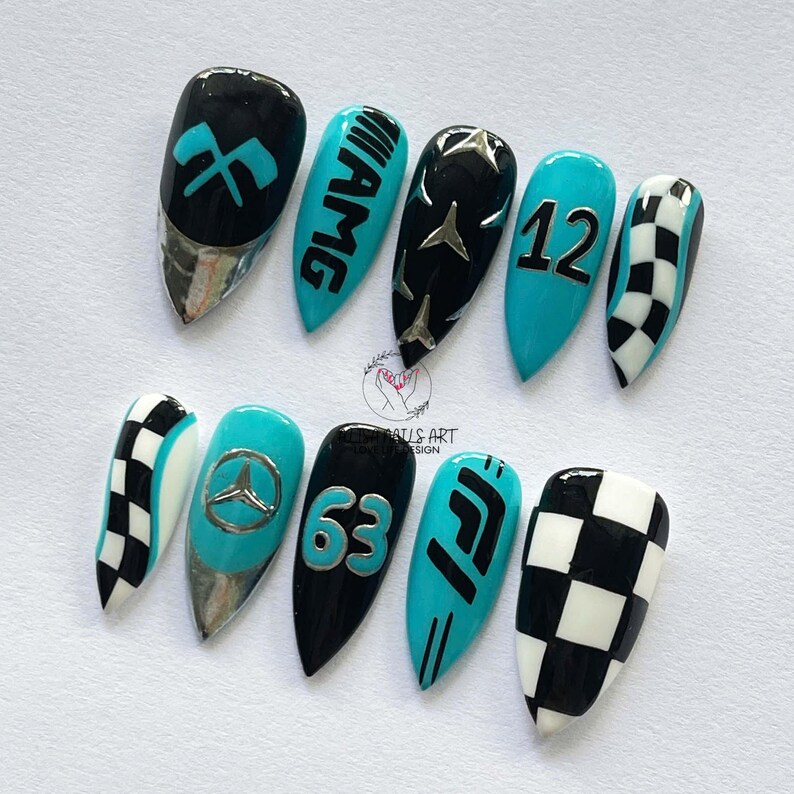 Racing Car Press On Nails, AMG Motorsport Black Teal Checkered Medium Stiletto Nail Set, Y2K Press On Nails, Handmade Nails image 3