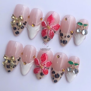Custom 3D Pink Flower Almond Nail Set, Elegant Pink Press On Nails, Long Lasting Spring Nails, French Tips Nails Art, Nail Designs, Gift.