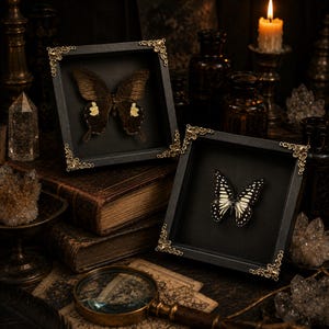 Gothic Butterfly Shadow Box, Real Insect Specimen Wall Art, Witchy Tarot Room Decor, Crystal and Oddities Gift