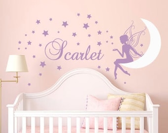 Sterren Muur Decal Maan Muur Decal Fairy Muur Sticker Fairy Wall Decal Kwekerij Sticker Gepersonaliseerde Naam Wall Decor Baby Girl Room