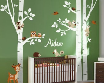 Birch Trees Wall Decal Forest Trees Wall Decal Forest Animals Wall Decal Owls Squirrels Bambi Nursery Wall Decal Baby Room Art Decor