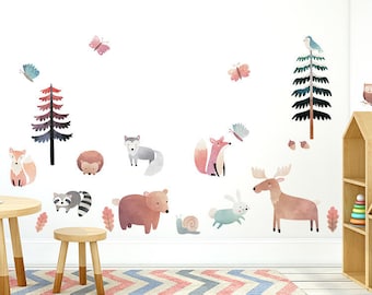 Set van Woodland Animals Muursticker, Aquarel Bosdieren Muursticker, Bosbeestjes Muursticker, Kinderkamersticker