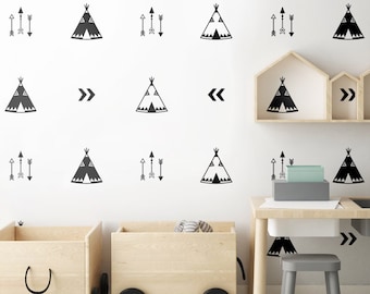 Teepee Wall Decal Sticker, Teepee Pattern Wall Decal, Tribal Wall Decor, Tapee Kids Room Nursery Wall Decals, Teepee Room Decor