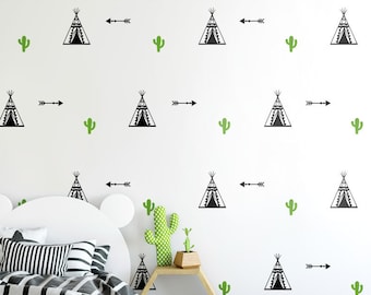 Teepee Wall Decal Sticker, Teepee Pattern Wall Decal, Tribal Wall Decor, Tapee and Cactus Kids Room Nursery Wall Decals Room Decor