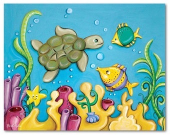 Underwater Fish Turtle Wall art print Sea life print Ocean Print Kids room decor baby nursery room decor
