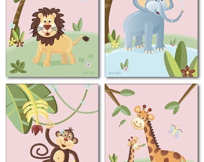 SET OF 4 PINK JUNGLE ANIMALS NURSERY WALL ART PRINT FOR GIRLS Etsy
